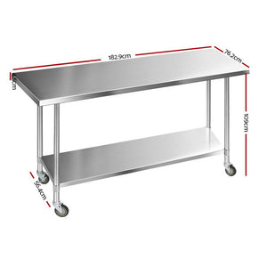 Cefito 1829 x 762mm Commercial Stainless Steel Kitchen Bench with 4pcs Castor Wheels-Bench-Just Juicers